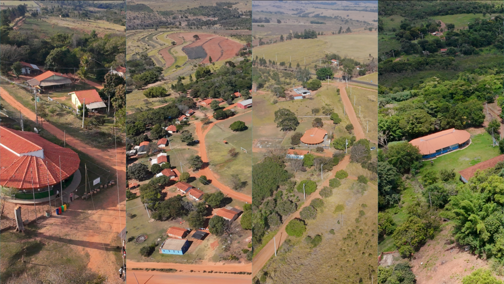Montagem com quatro imagens da Terra Indígena Araribá, em Avaí, representando as aldeias Nimuendaju, Tereguá, Kopenoti e Ekeruá. As fotos mostram vistas aéreas e aproximadas das comunidades, com casas distribuídas ao longo de caminhos de terra, áreas de vegetação e espaços abertos. Também aparecem estruturas comunitárias maiores, plantações e trechos de mata ao redor, evidenciando a organização das aldeias e sua relação com o território natural.